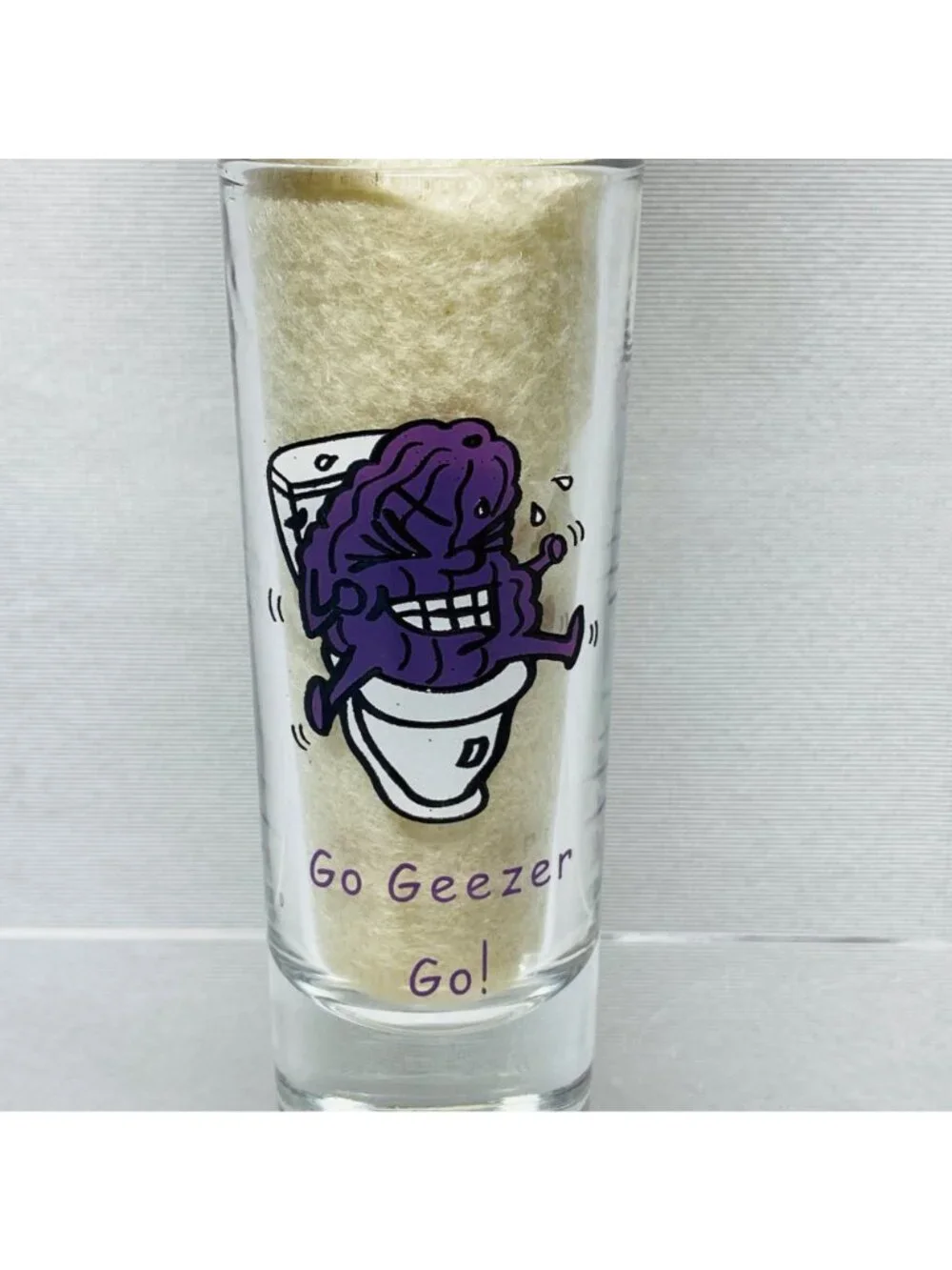 Super Pooper Shot Glass With Purple Prune Cartoon  Funny 
